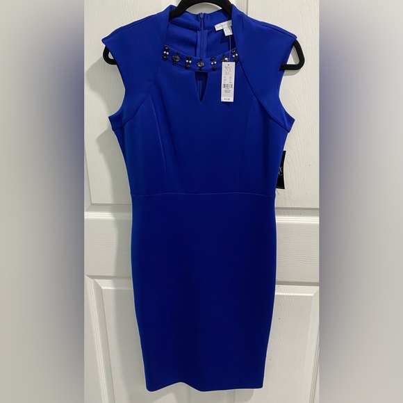New York & Co. Embellished Scuba Sheath Dress. Color Amplified Blues. Size MP. - Picture 2 of 6